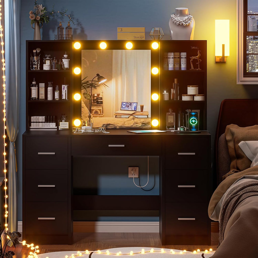 Black Vanity Desk with Mirror and Lights, 3 Lighting Modes Brightness Adjustable, Makeup Vanity Table with 7 Drawers, 6 Shelves and Power Outlet, Girls Vanity, Dressing Table for Bedroom