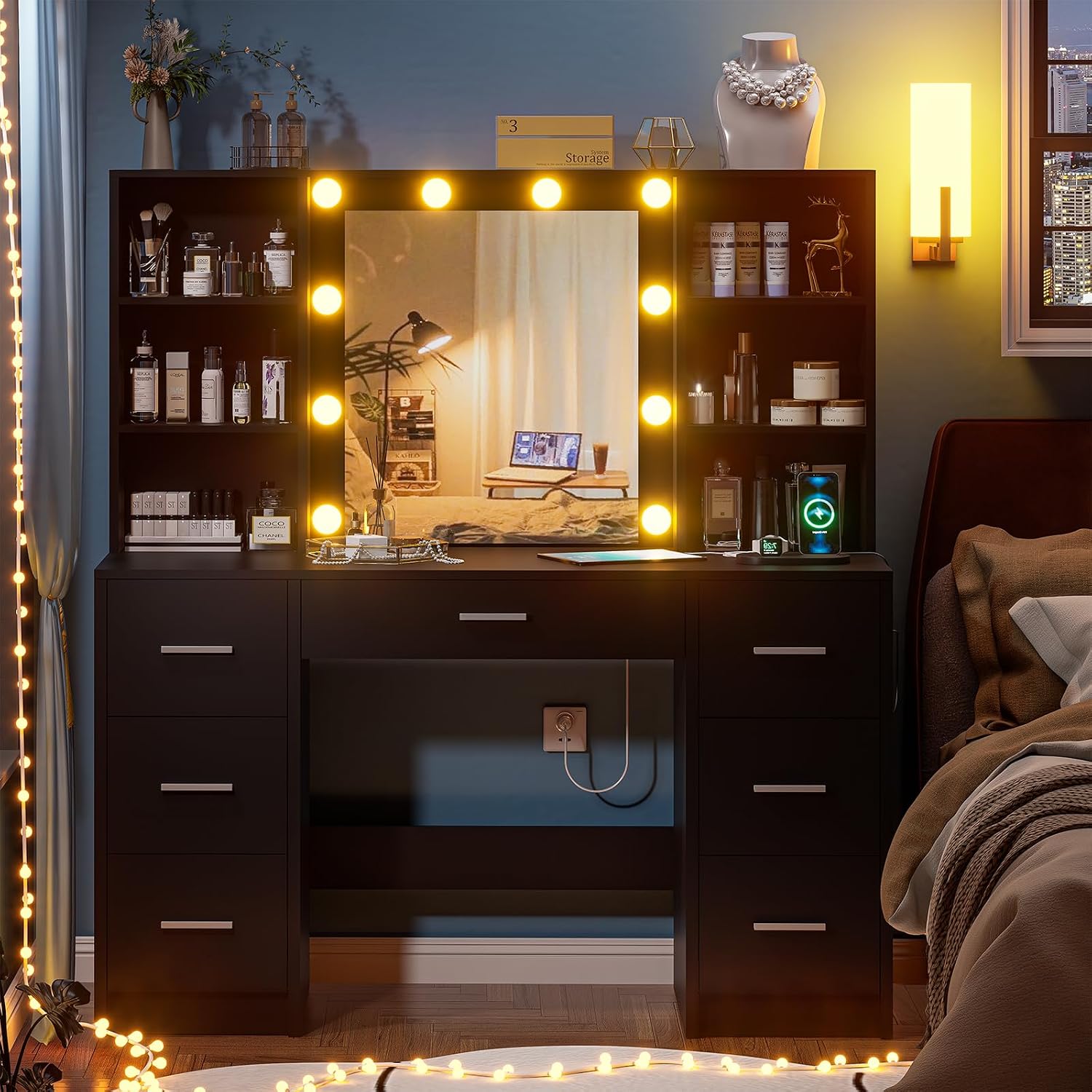 Black Vanity Desk with Mirror and Lights, 3 Lighting Modes Brightness Adjustable, Makeup Vanity Table with 7 Drawers, 6 Shelves and Power Outlet, Girls Vanity, Dressing Table for Bedroom