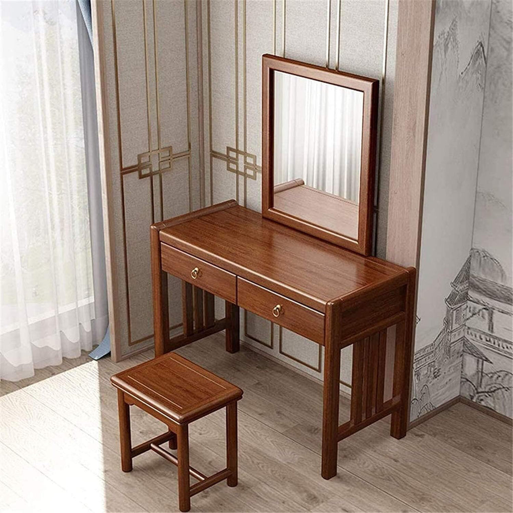 Vanity Table Set with Rectangular Mirror 2 Large Drawers with Sliding Rails Makeup Dressing Table with Stool Vanity Benches