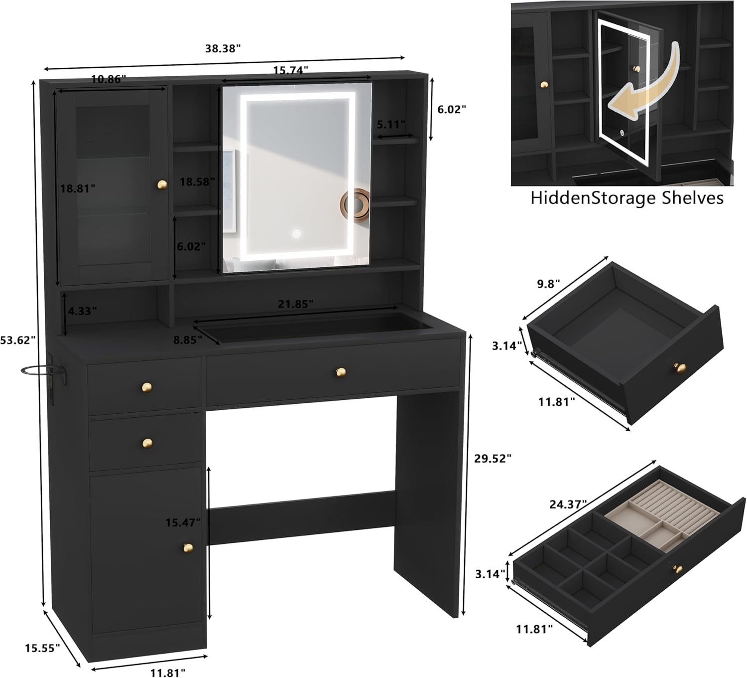 Wodeer Makeup Vanity Desk with Mirror and Lights, Black Vanity with Glass Top, Jewelry Storage, Power Outlets, 3 Drawers & 2 Cabinets, Adjustable LED Lighting, Dressing Table for Women & Girls Bedroom