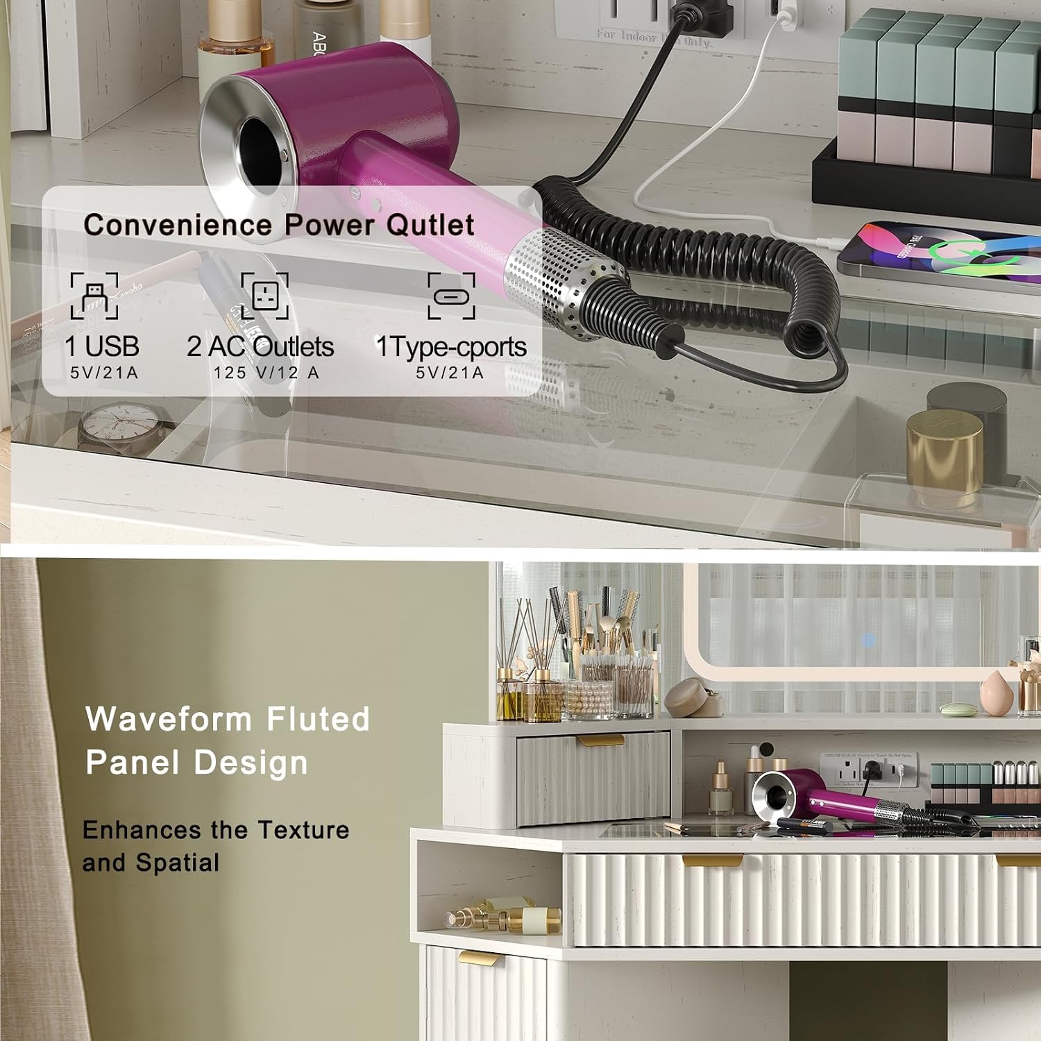 Modern 48'' Fluted Makeup Vanity Desk with HD Triple Mirror & LED Lights – Spacious Corner Dressing Table with Glass Top, 3 Drawers & 2 Cabinets for Stylish Bedroom Decor (White)