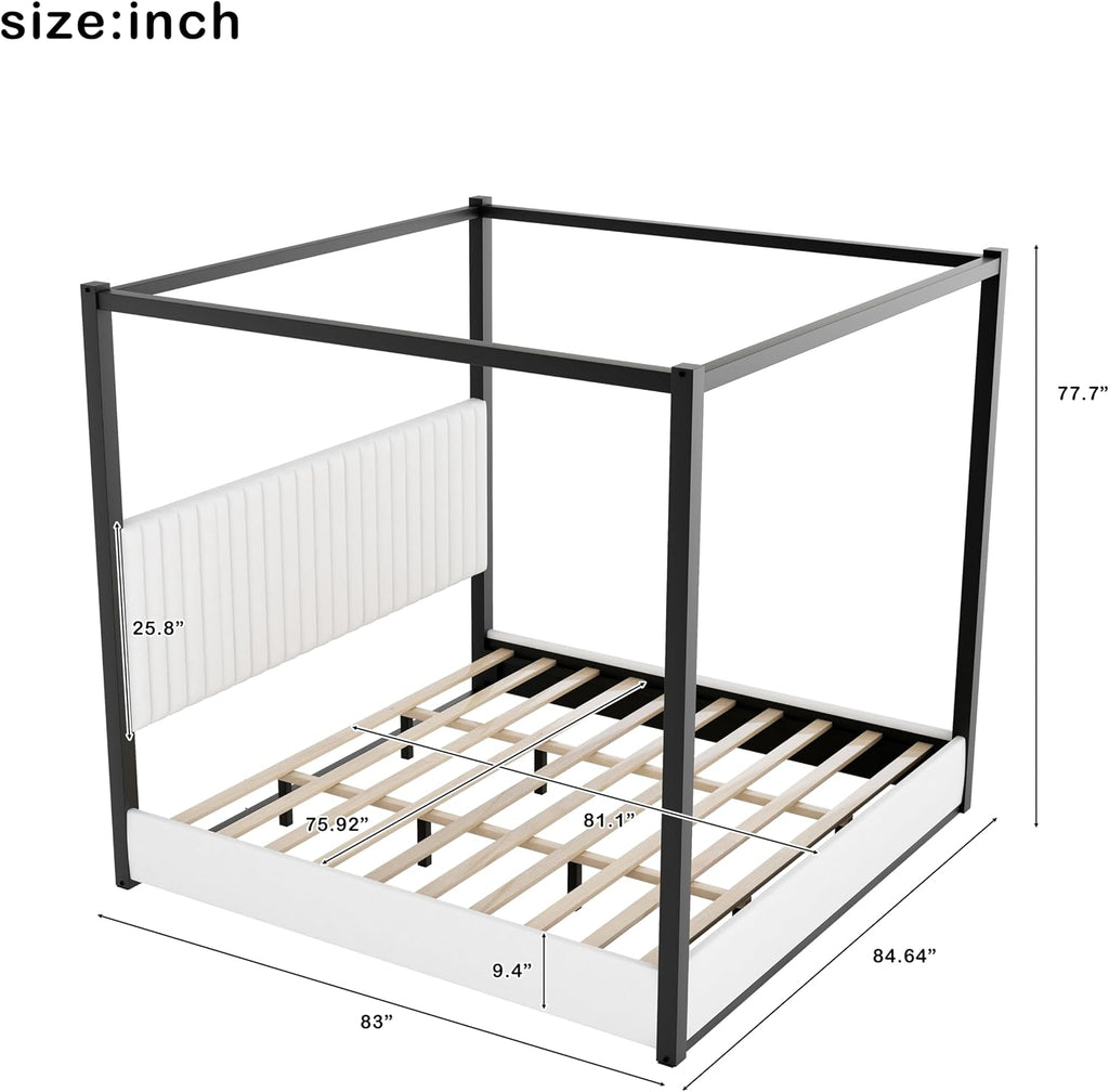 LUMISOL King Size Metal Canopy Bed Frame, 4 Poster Bed with Tall Upholstered Headboard, Velvet Upholstered Canopy Platform Bed, No Box Spring Needed, Black + White