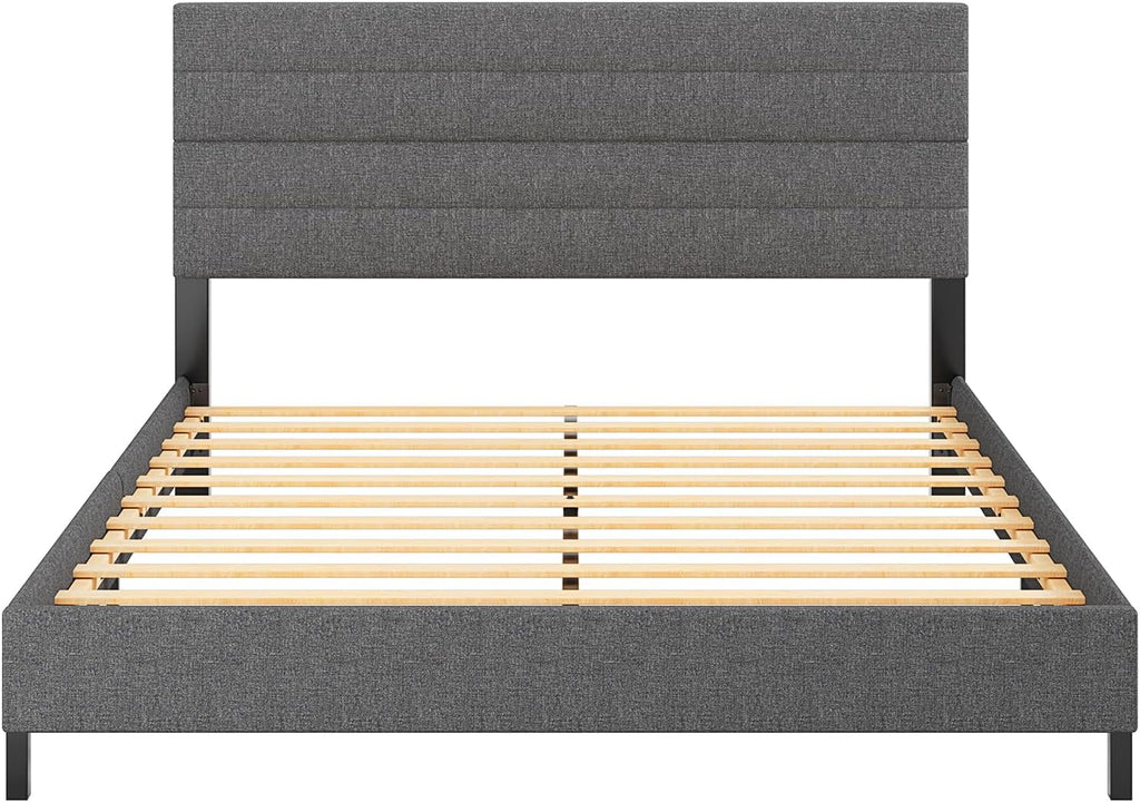 Furnihome Queen Bed Frame, Modern Upholstered Bed Frame with Adjustable Linen Headboard, Wooden Slats Support Platform Queen Size Bed Frames, No Box Spring Needed,Easy Assembly,Dark Grey