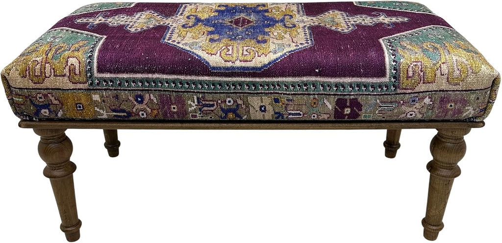 Boho Rug Upholstered Ottoman Bench, Piano Bench, Decorative Purple Ottoman Bench, Wood Bedroom Vanity Bench, Entryway Footstool Bench, Kitchen Dining Bench, (18x18X36, Purple Oushak)