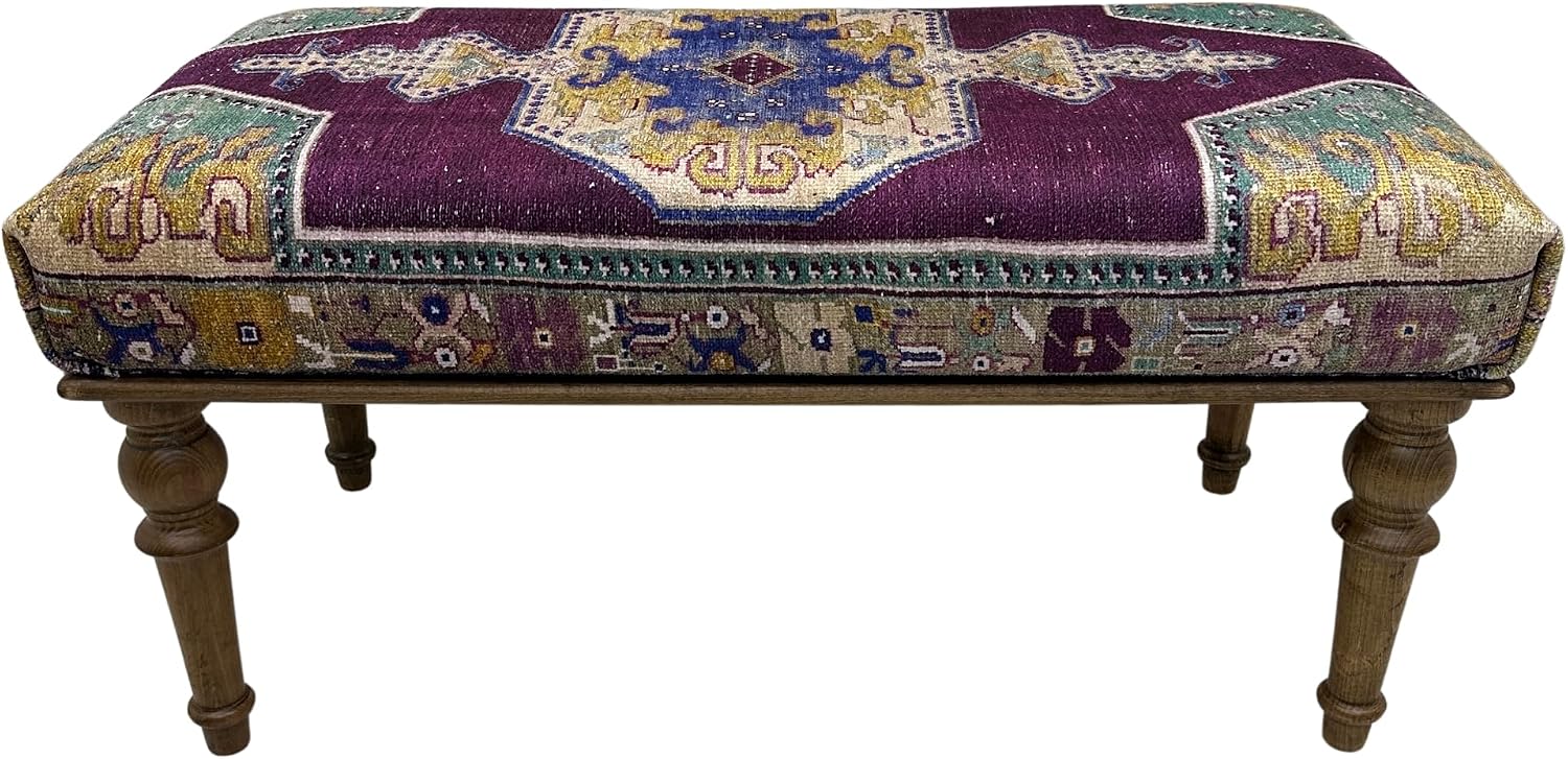 Boho Rug Upholstered Ottoman Bench, Piano Bench, Decorative Purple Ottoman Bench, Wood Bedroom Vanity Bench, Entryway Footstool Bench, Kitchen Dining Bench, (18x18X36, Purple Oushak)