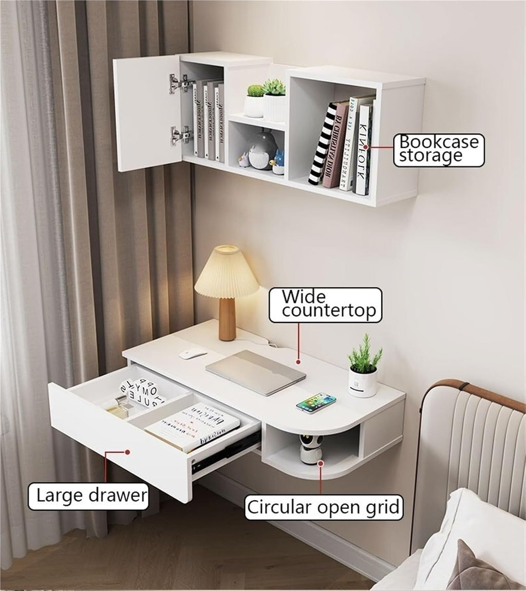 Vanity Set Dressing Table with Wall Mounted Bookshelf and Drawers Corner Floating Laptop Table Left/Right Config for Home Office Space Saver(Brown,80 cm Left)