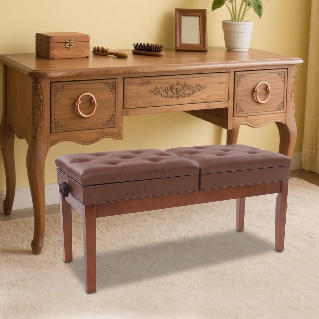 Adjustable Duet Piano Bench with Storage, Wood Keyboard Stool with PU Leather Padded Cushion, Double Seater Piano Chair with High-Density Sponge for Piano, Vanity, Living Room (Brown)