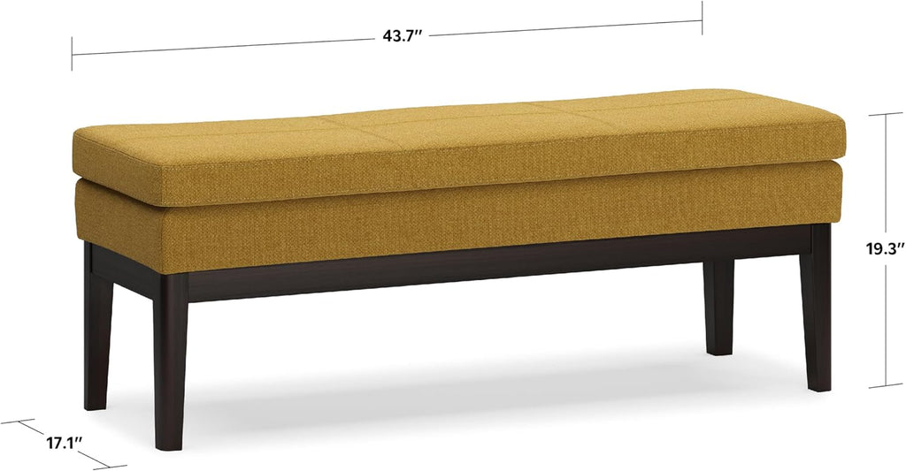 SIMPLIHOME Carlson Ottoman Bench - 45 inch Wide Upholstered Vegan Leather Rectangle Ottoman in Marigold, Mid Century Modern Bench for Bedroom, Entryway or Living Room with Padded Seat