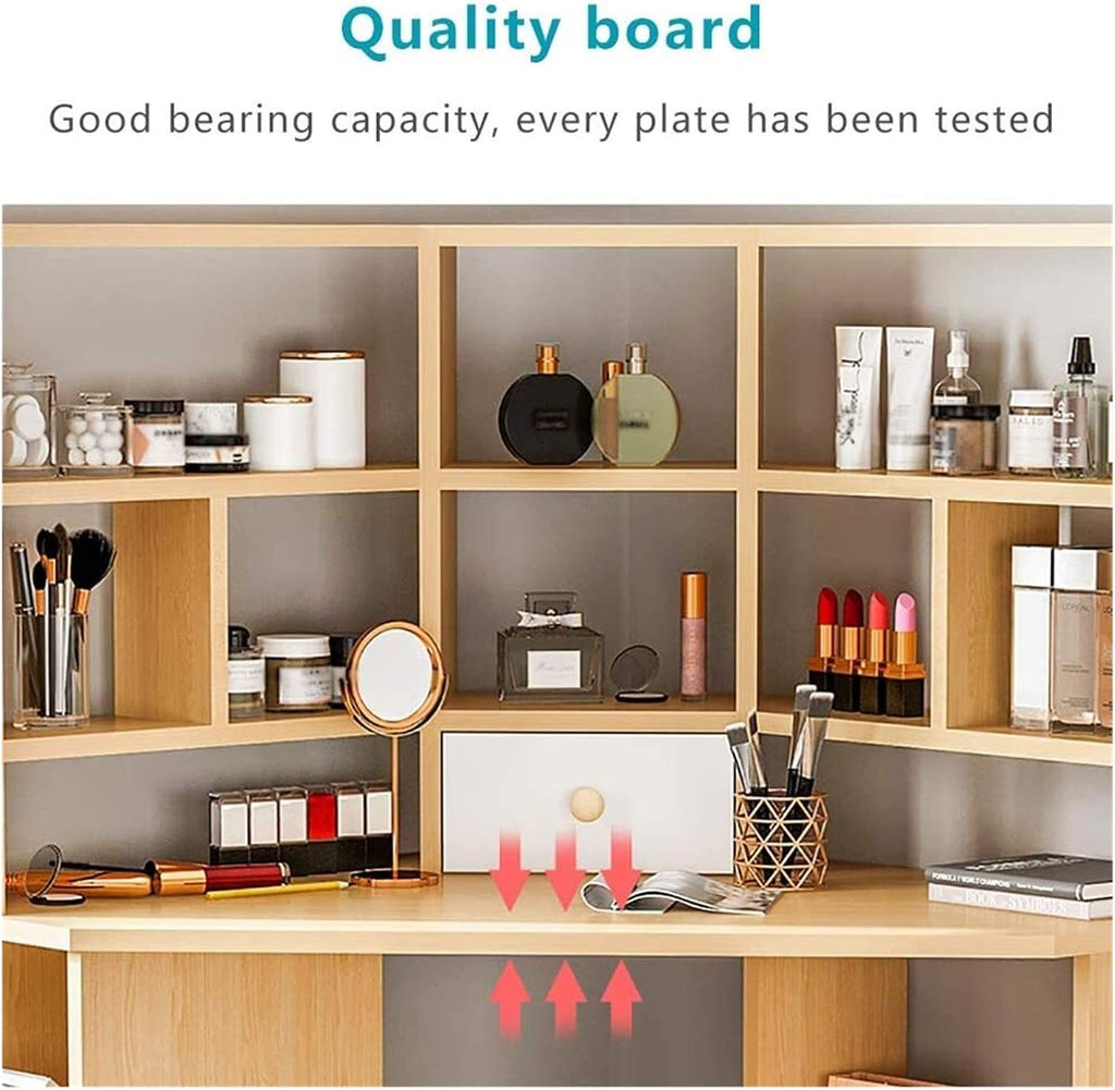 Luxury Dressing Vanity Table w/Stool for Bedroom, Corner Vanity Table, Solid Wood Dressing Table, Large Storage Organizer and Open Compartment, with Shelf Holder(C)