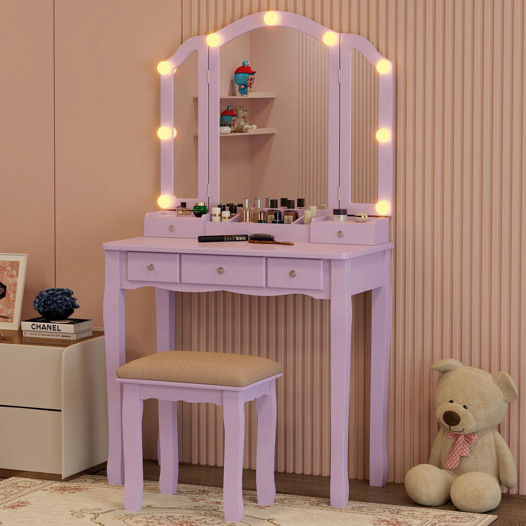 Purple Vanity Desk with Mirror and Lights Purple Vanity for Girls Makeup Vanity Desk with Lights Vanity Table with Lighted Mirror Make Up Vanity Desk with Drawers and Chair Set