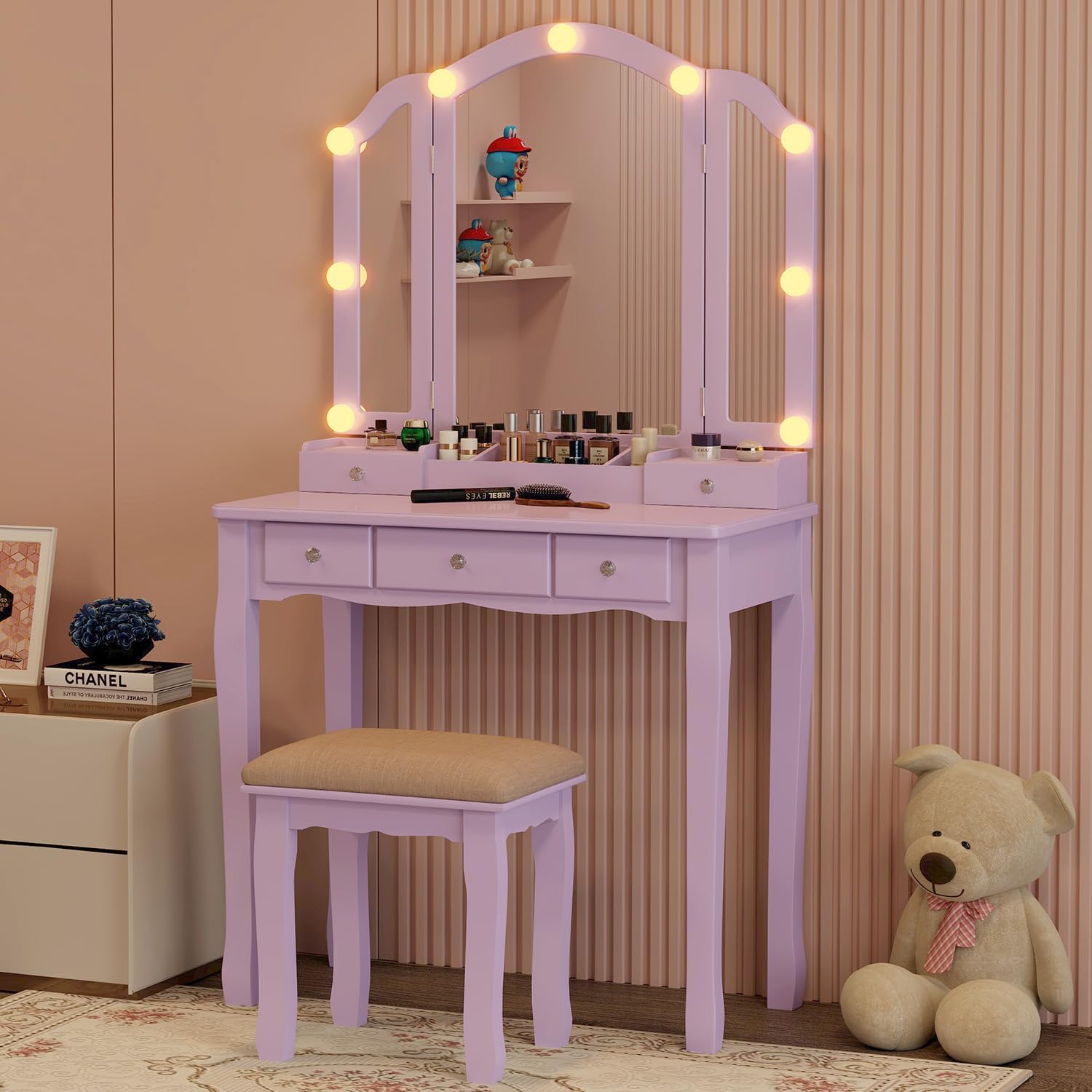 Purple Vanity Desk with Mirror and Lights Purple Vanity for Girls Makeup Vanity Desk with Lights Vanity Table with Lighted Mirror Make Up Vanity Desk with Drawers and Chair Set