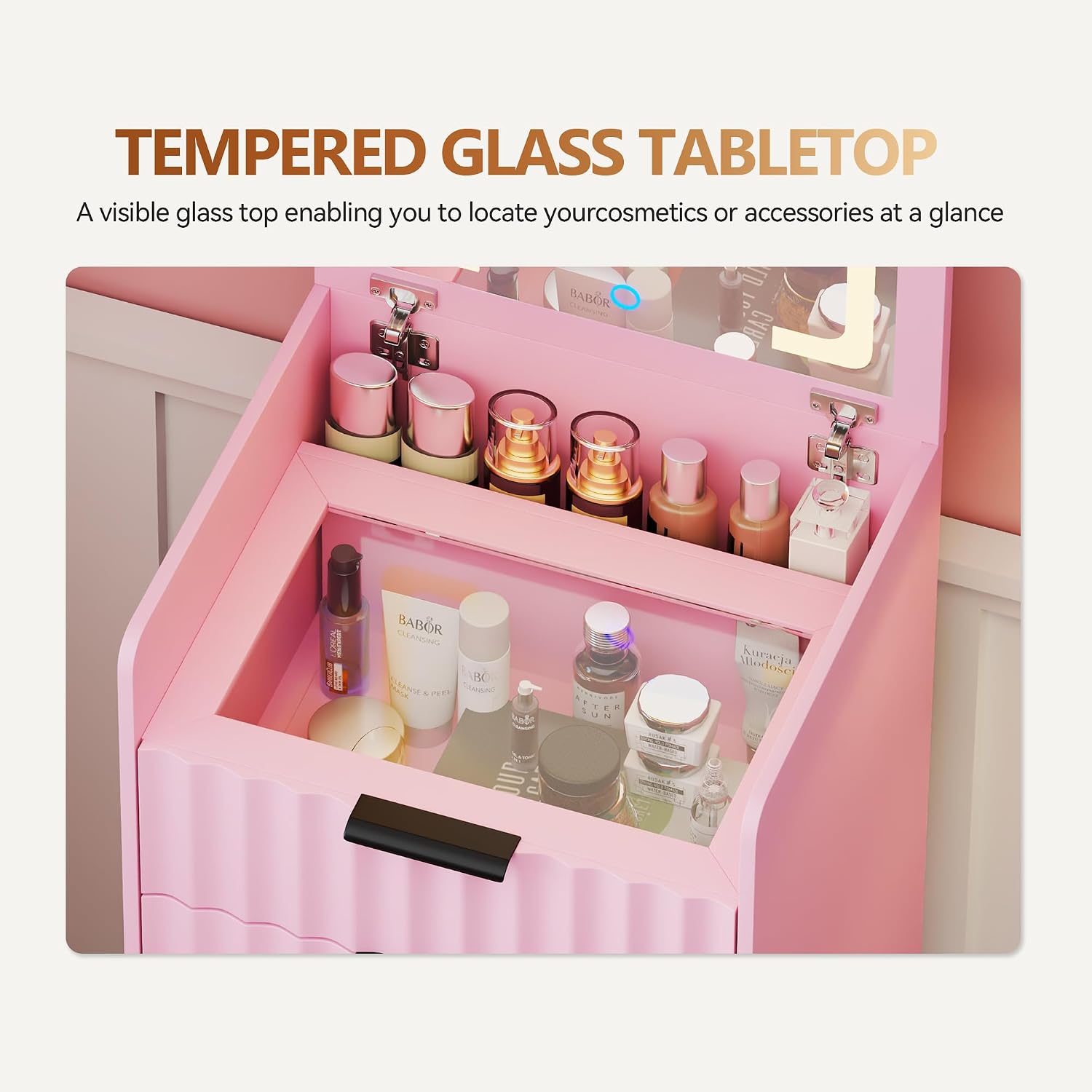 3-in-1 Small Vanity Desk with Flip Top Mirror and Lights,Fluted Compact Makeup Vanity with Storage Stool and Drawers,Mini Vanity Table Set for Bedroom Furniture,Pink