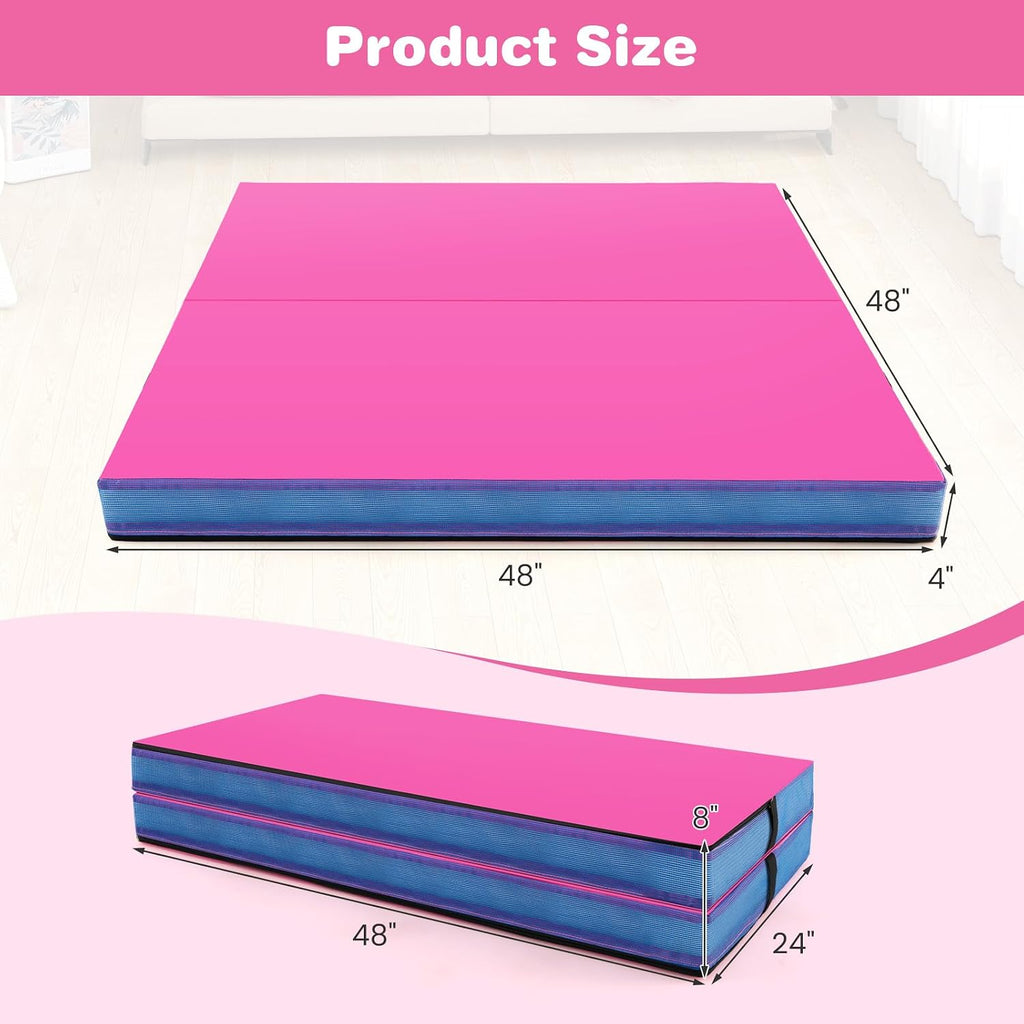 Goplus 4' Thick Folding Gymnastic Mat, Thickened Bi-Fold Fitness Mat with Carrying Handles & PU Leather Cover, Home Gym Tumbling Mat for Stretching, Pilates, Aerobics Workouts