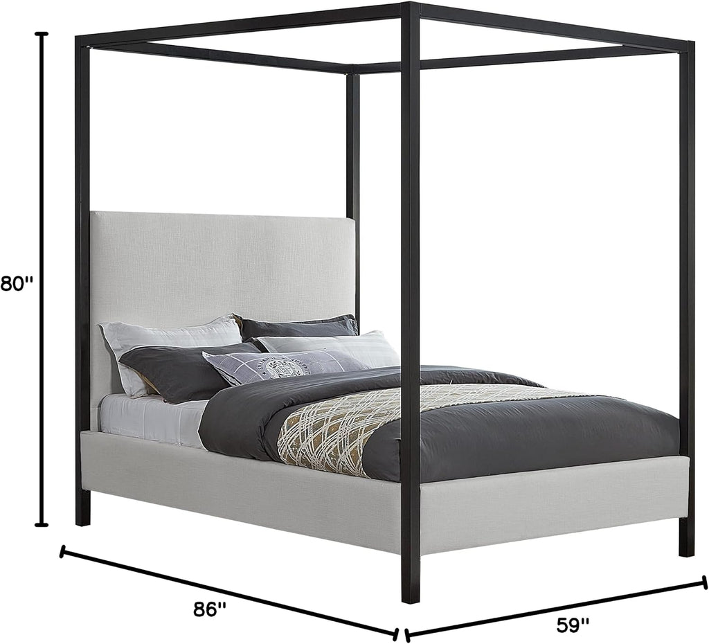 Meridian Furniture JamesBeige-F James Collection Modern | Contemporary Full Bed with Cream Linen Textured Fabric, Matte Black Steel Canopy, Full Slats, 59' W x 80' D x 86' H, Cream, Full