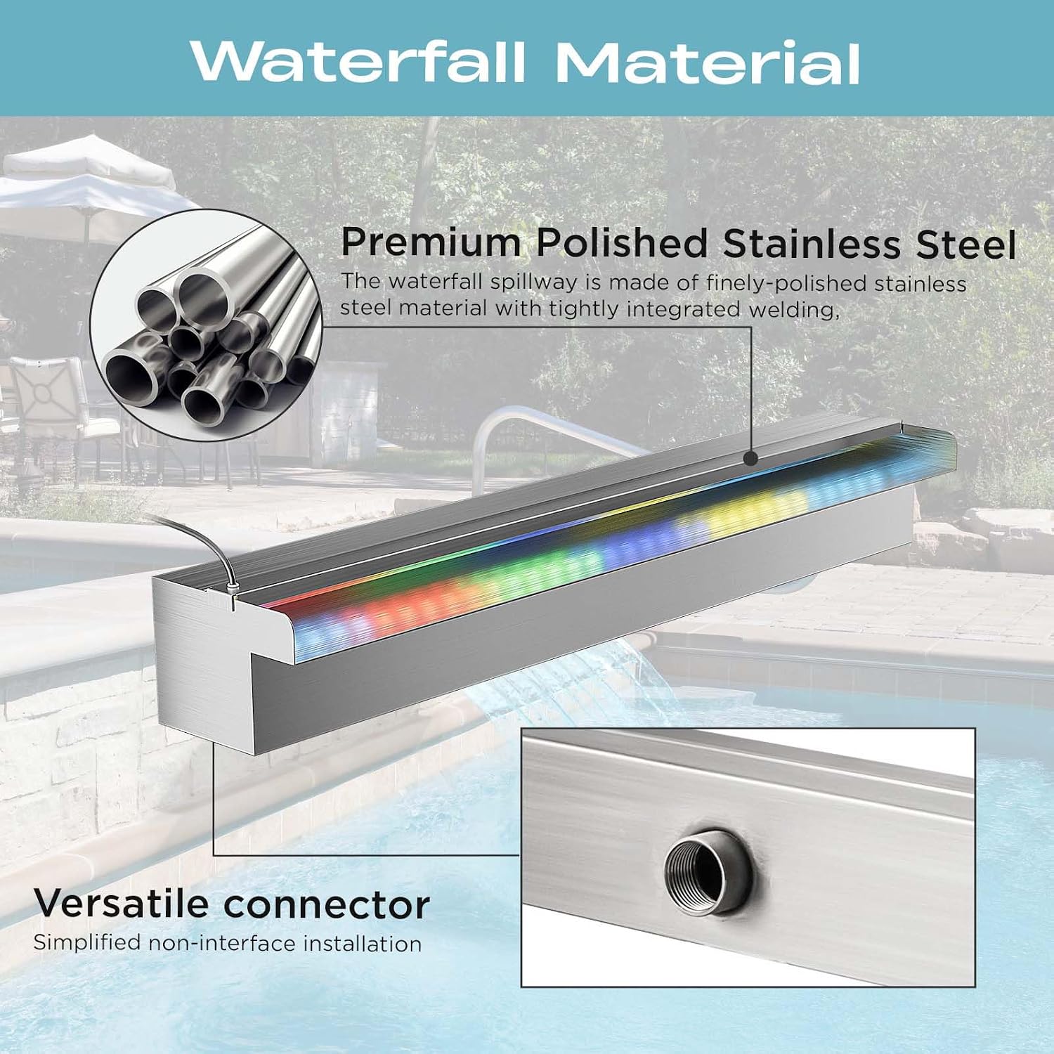Pool Fountain Stainless Steel Waterfall with LED Lights - 47.2' LED Strip Remote Control with 18 Colors, Smooth Water Flow & Cascade Blade, Easy Installation for Outdoor, Garden, Patio & Ponds