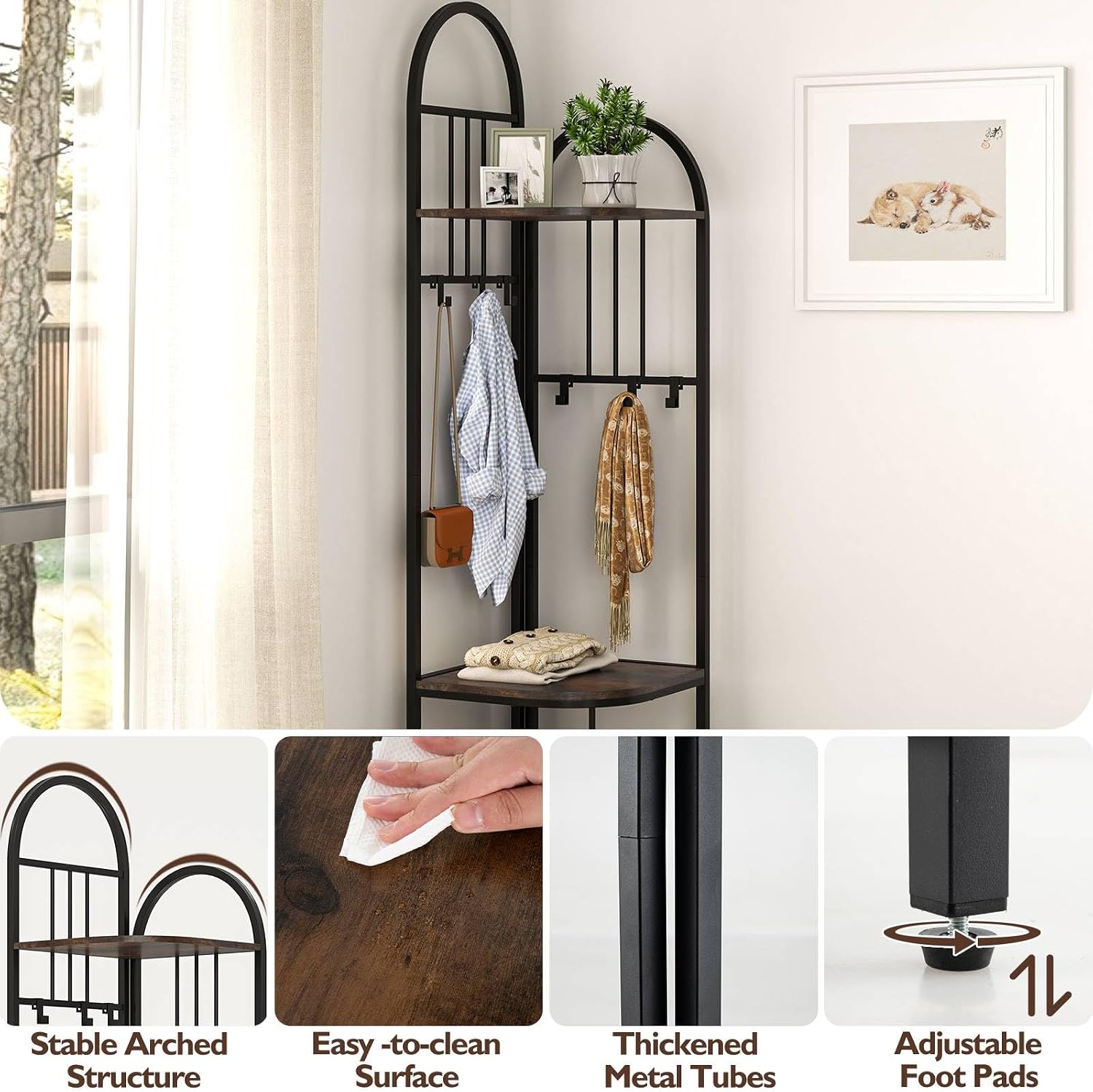 Tall 180cm Freestanding Coat Rack Stand with Shoe Bench, 6 Movable Hooks, 4-Tier Shelves, Rustic Brown & Black Corner Hall Tree nizer for Entryway Storage