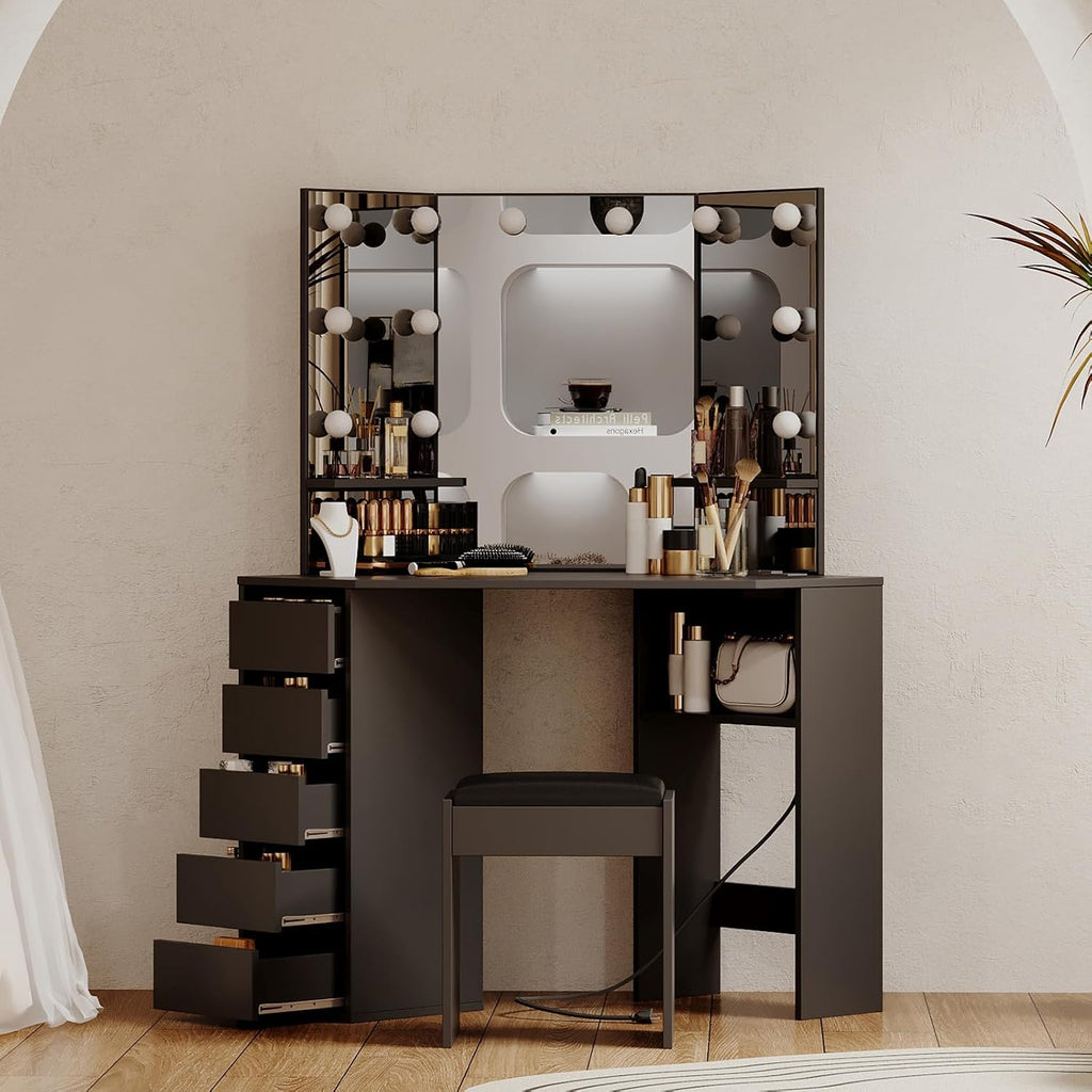 Corner Vanity Desk with Mirror and Led Lights - Makeup Table with 5 Drawers, Shelves, and Vanity Stool - Perfect for Bedroom or Bathroom, Black