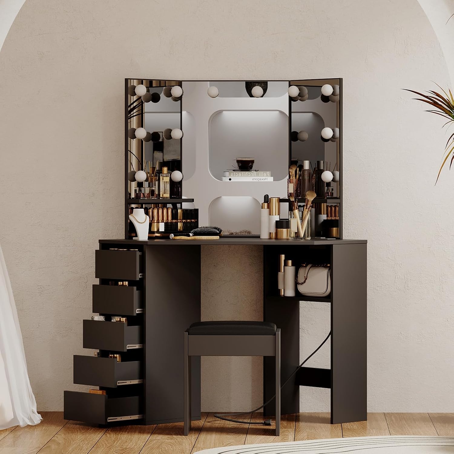Corner Vanity Desk with Mirror and Led Lights - Makeup Table with 5 Drawers, Shelves, and Vanity Stool - Perfect for Bedroom or Bathroom, Black
