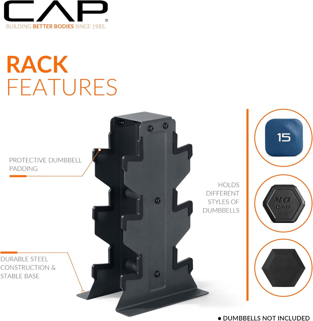 CAP Dumbbell Set with Rack, Rubber Coated Hex Free Weight Set | 100–300 lb Options, Vertical Space-Saving Storage for Home Gym Strength Training