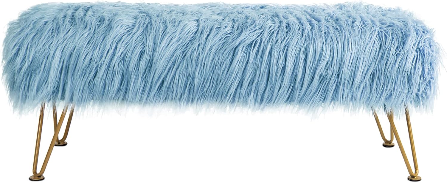 Blue Soft Plush Faux Fur Ottoman Entryway Bench Furry Footrest Stool 46'x16'x17' Sturdy Accent Long Bench for Bedroom End of Bed Vanity Closet Fuzzy Coffee Table for Living Room with Gold Legs