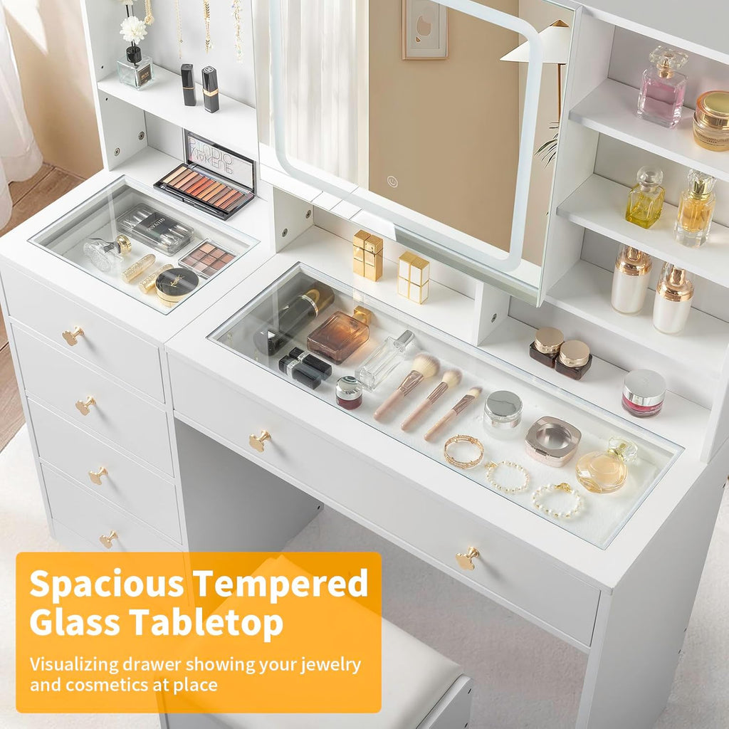 Karl home Makeup Vanity with Lighted Mirror Bedroom Vanity Desk with Charging Station Large Vanity Set with Transparent Desk, Drawers, Cabinet, Shelves for Storage in Bedroom, White