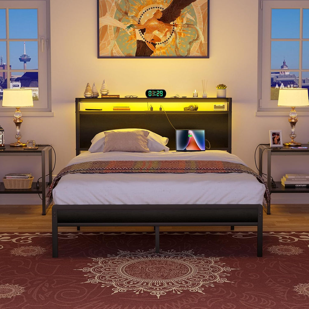 Homieasy Full Size Bed Frame with Headboard, Industrial Metal Full Bed Frame with Charging Station & LED Lights, Noise-Free Platform Bed, No Box Spring Needed, Black
