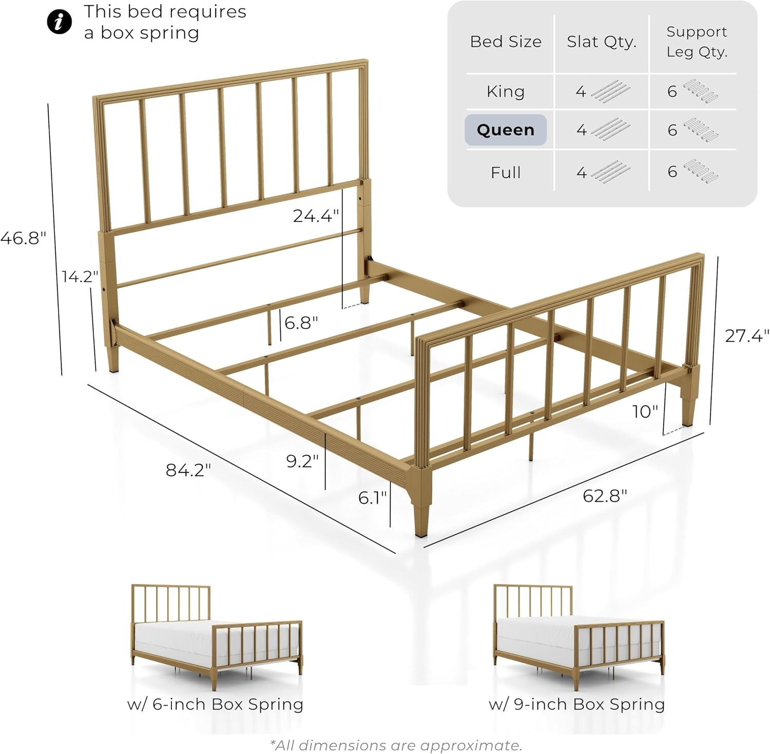 Furniture of America Blair Modern Metal Queen Size Bed Frame with Subtle Reeded Lines, Sturdy Bedframe for Bedroom, Guest Room, Box Spring Required, Gold