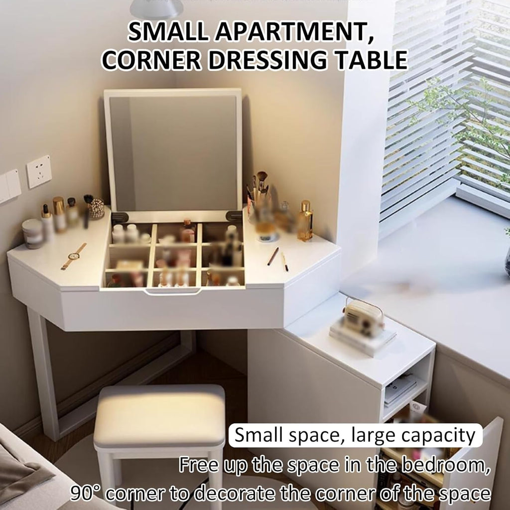 White,Corner Vanity Desk with Mirror, Wood Makeup Vanity with 3 Drawers, Vanity Desk with Side Cabinet, Large Vanity Table, Storage Bench, 70 * 70 * 75CM