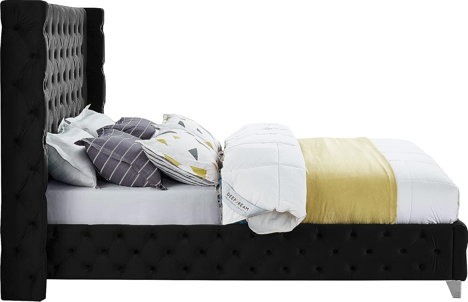Meridian Furniture SavanBlack-F Savan Collection Modern | Contemporary Velvet Upholstered Bed with Deep Button Tufting in Gold or Chrome Finish, 66' W x 81' D x 56' H, Black, Full