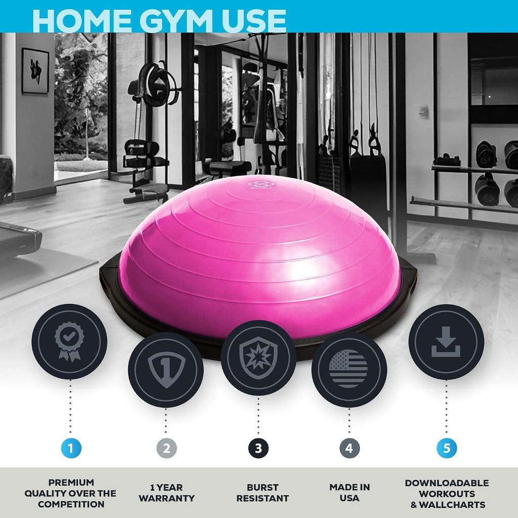 Bosu Balance Ball Exercise Trainer, Home Gym Equipment w/Guided Workouts & Pump, 26' Inflatable Fitness Platform for Strength Training, Standing, Balancing, and Core Workout