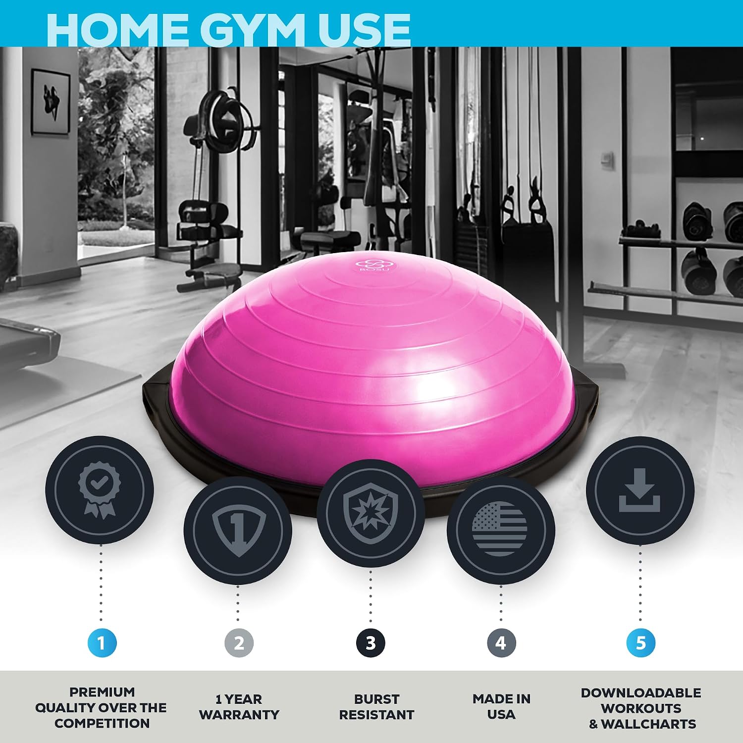 Bosu Balance Ball Exercise Trainer, Home Gym Equipment w/Guided Workouts & Pump, 26' Inflatable Fitness Platform for Strength Training, Standing, Balancing, and Core Workout