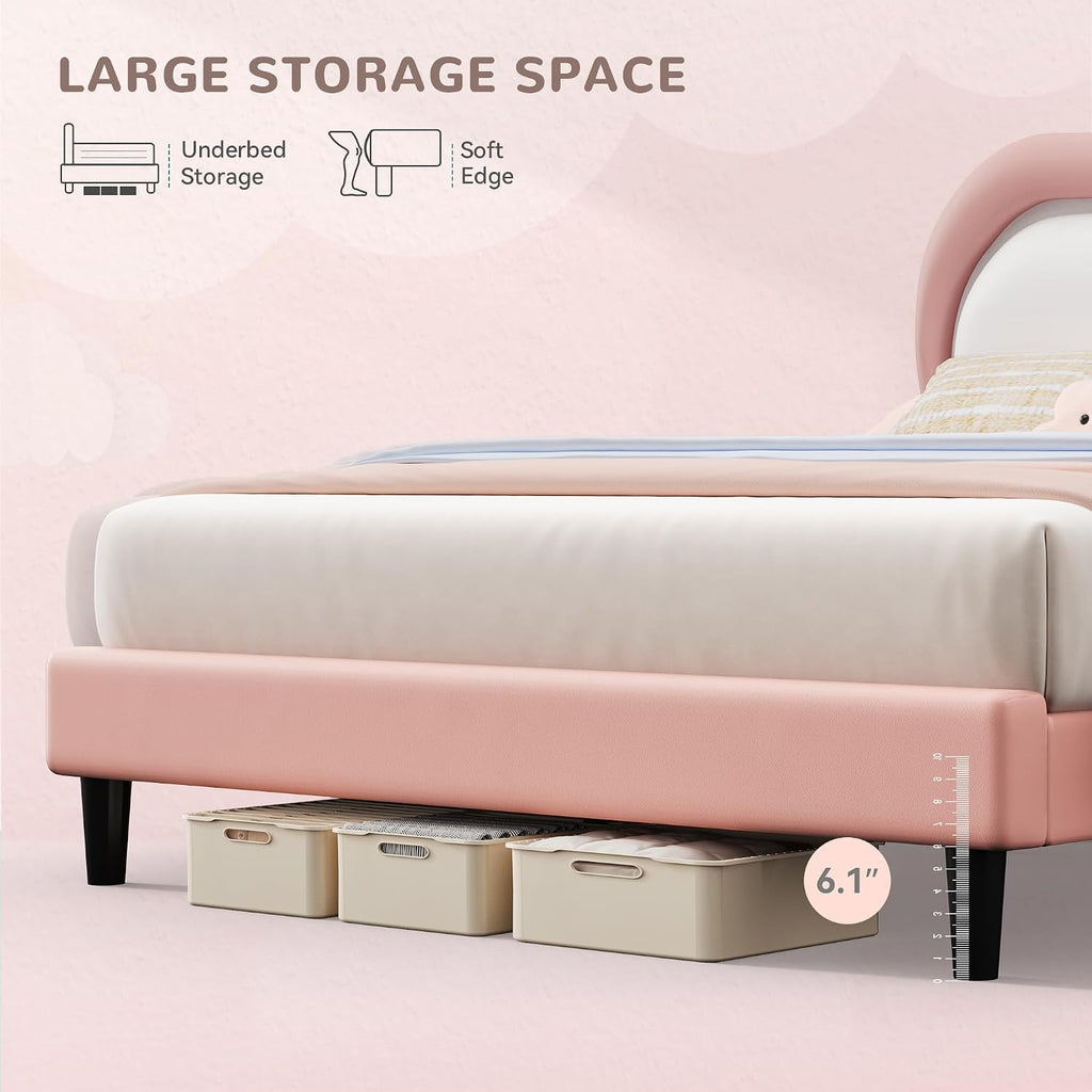 YITAHOME Twin Size Bed Frame, LED Bed with PU Faux Leather Adjustable Cloud Headboard, Platform Upholstered Bed Frame with Wooden Slats Support, No Box Spring Required, Easy Assembly, Pink