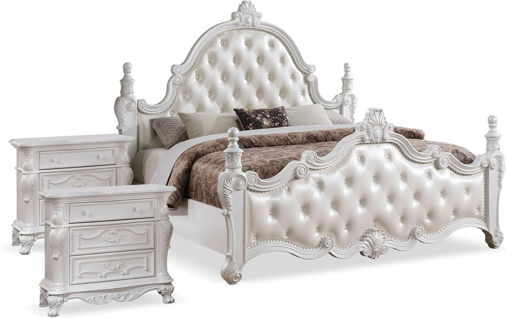 Furniture of America Althira Traditional Solid Wood 3-Piece Bedroom Collection with Bed Frame and 3-Drawer Nightstands Set of 2, Box Spring Required, White, Queen