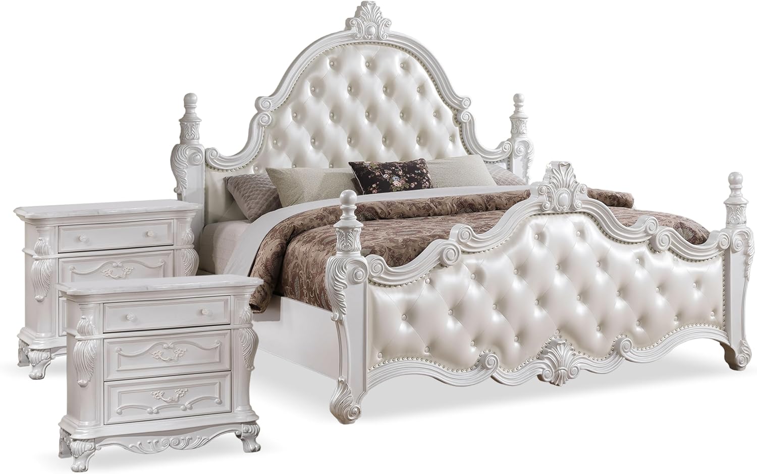 Furniture of America Althira Traditional Solid Wood 3-Piece Bedroom Collection with Bed Frame and 3-Drawer Nightstands Set of 2, Box Spring Required, White, Queen