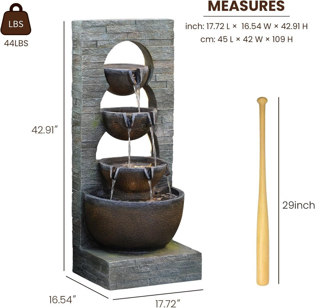 Tankana Water Fountain Outdoor Garden Waterfall Large Water Feature Tiered Freestanding Cascade Fountains Bowl Modern Artistry with LED Strip for Patio Yard Deck Home Decor, 43 inches, Brown
