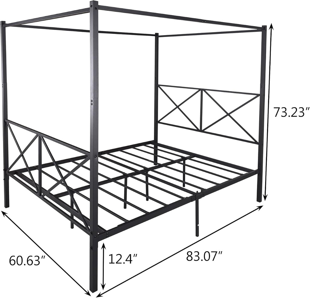 Queen Size Metal Canopy Bed, 4 Poster Canopy Platform Bed Frame with Crisscross Headboard and Footboard - Queen