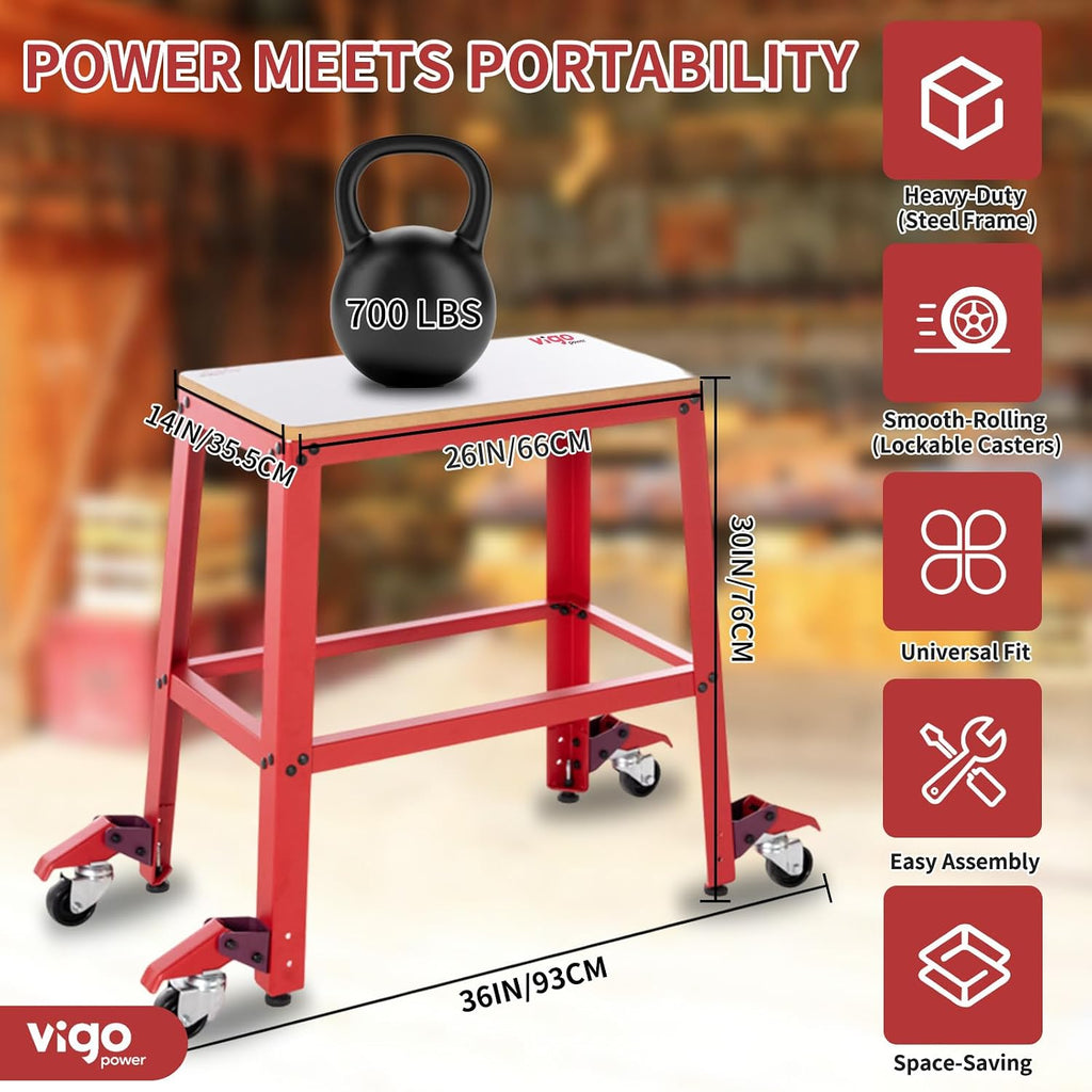 Universal Tool Stand with Wheels, Drill Press, Miter Saw, Band Saw, Scroll Saw, Planer, Sander & Bench Grinder Stand, 700 lbs Heavy Duty Mobile Base, 26'x14' MDF Top, Rubber Casters