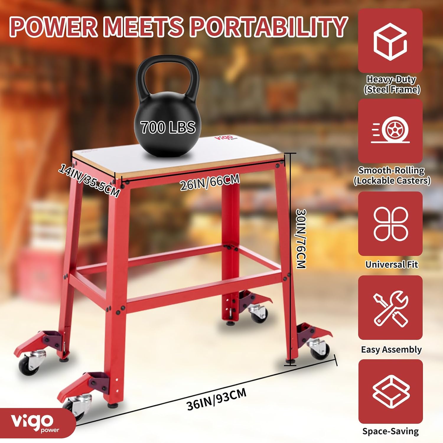 Universal Tool Stand with Wheels, Drill Press, Miter Saw, Band Saw, Scroll Saw, Planer, Sander & Bench Grinder Stand, 700 lbs Heavy Duty Mobile Base, 26'x14' MDF Top, Rubber Casters