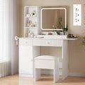 GarveeHome Makeup Vanity with Lighted Mirror, Vanity Desk Foldable Desktop, Power Strip, Adjustable Lighting, Drawers and Cushioned Stool, Dressing Table for Bedroom, White