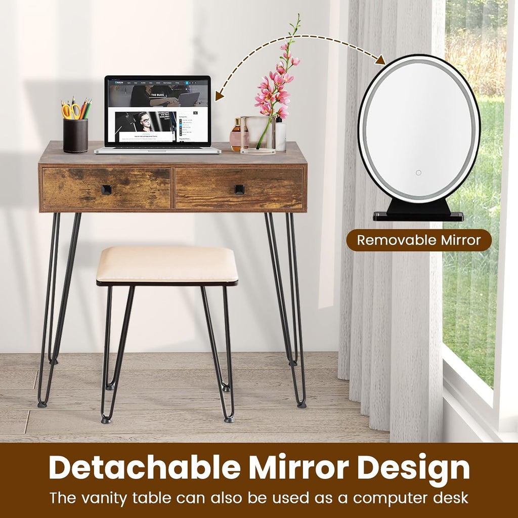 COSTWAY Vanity Desk with Mirror and Lights, Makeup Dressing Table Set w/ 3 Color Lighting Modes & Adjustable Brightness, Vanity Mirror with Desk and Stool for Bedroom Small Spaces (Rustic Brown)