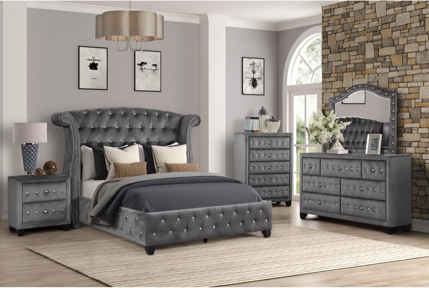 Galaxy Home Furnishings Sophia King 4 Pc Tufted Upholstery Bedroom Set Made with Wood in Gray