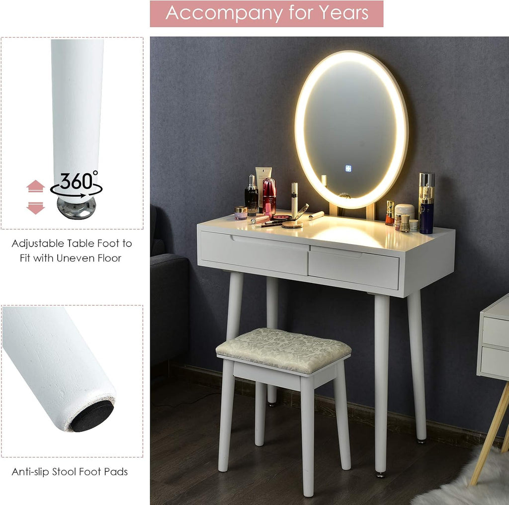 CHARMAID Vanity Set with Lighted Mirror, 3 Modes Adjustable Brightness Mirror, Makeup Dressing Table with Cushioned Stool, 2 Sliding Drawers with Divider, Modern Bedroom Vanity for Girls Women (White)