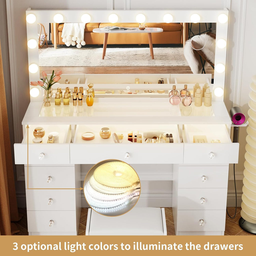 VOWNER Vanity with Lighted Mirror - Makeup Vanity Desk with Glass Top and 11 Drawers, 3 Color Lighting Modes Adjustable Brightness, 46' Vanity Table with Soft Cushioned Stool for Bedroom, White