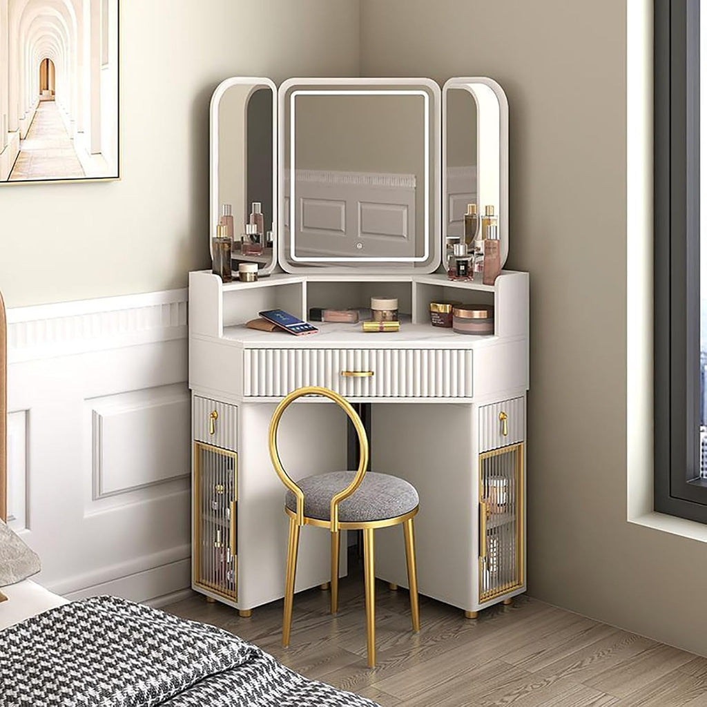 Corner Makeup Vanity Table with Tri-fold Illuminated Mirror, Vanity Desk with Large-Capacity Secondary Cabinet, Bedroom Dressing Table with Stool for Small Spaces (Color : White, Size : 90CM)