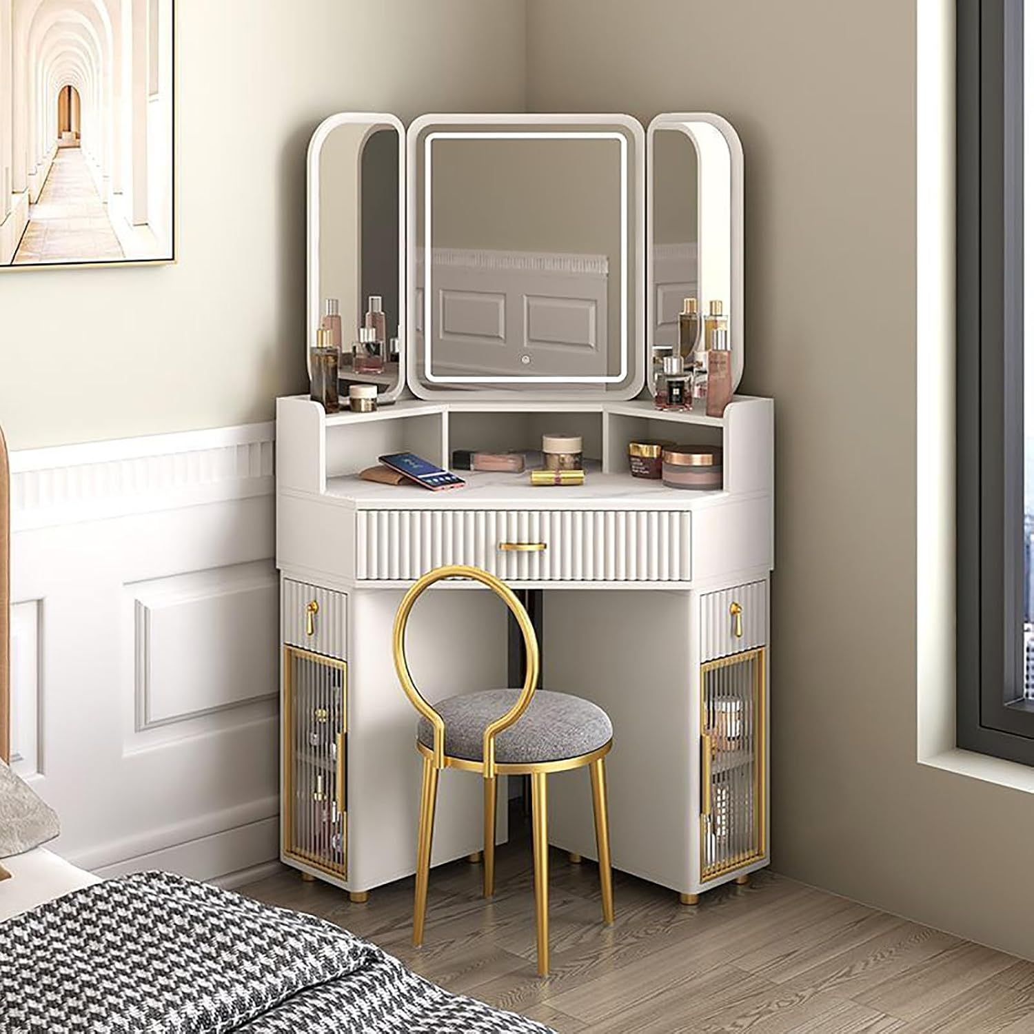 Corner Makeup Vanity Table with Tri-fold Illuminated Mirror, Vanity Desk with Large-Capacity Secondary Cabinet, Bedroom Dressing Table with Stool for Small Spaces (Color : White, Size : 90CM)