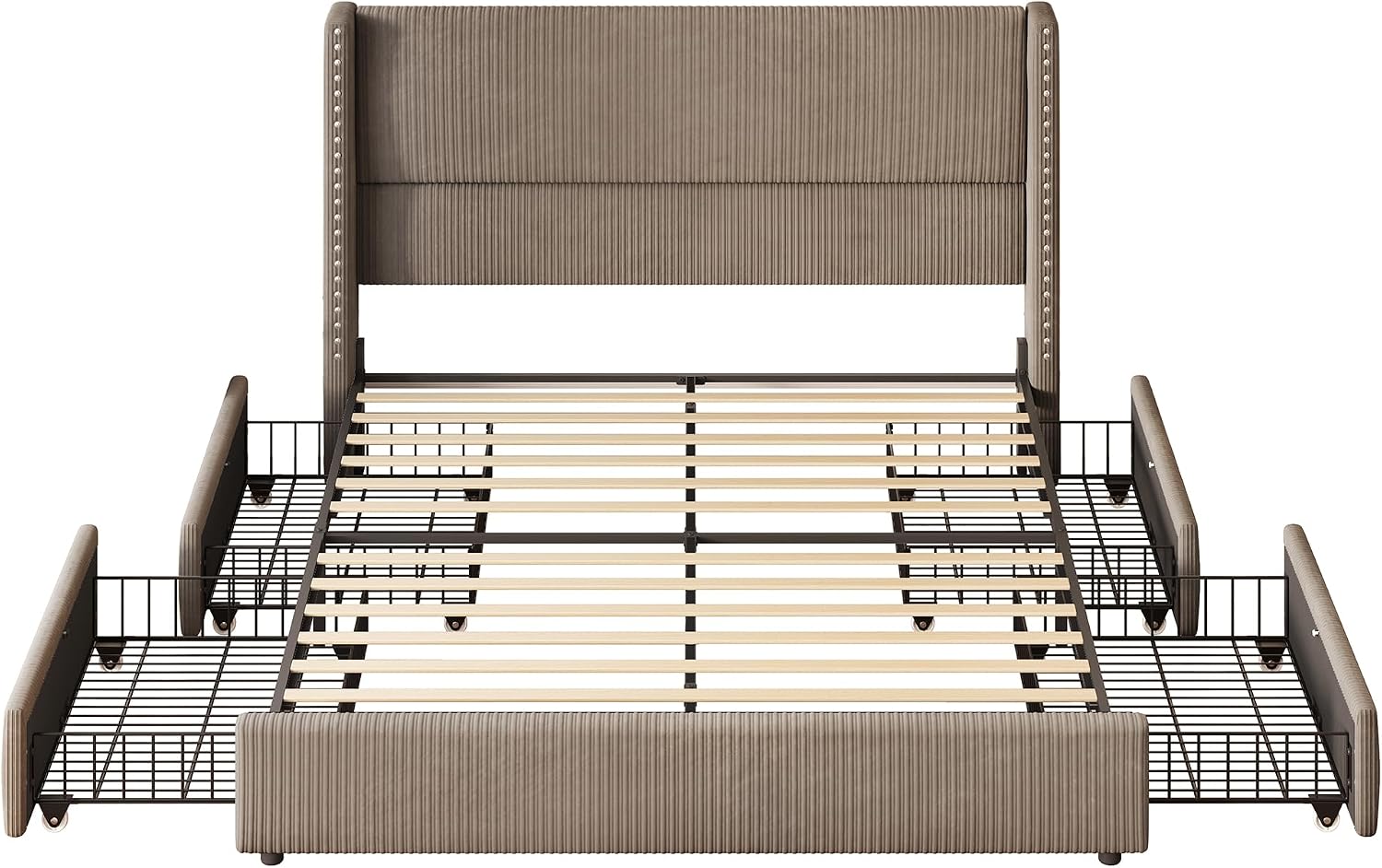 LARMACE King Size Bed Frame with 4 Storage Drawers,Corduroy Upholstered King Size Platform Bed Frame with Tufted Vertical Stripe,Solid Wood Leg/No Box Spring Needed/Noise Free,Brown