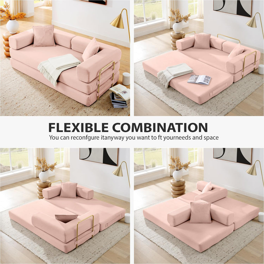 4-in-1 Folding Convertible Sofa Bed, 78 Inch Boneless Couch with Fixed-Shape Frame, Corduroy Loveseat Sleeper with Pull Out Bed, Floor Sofa Modular Futon Couch for Living Room Bedroom Lounge (Pink)