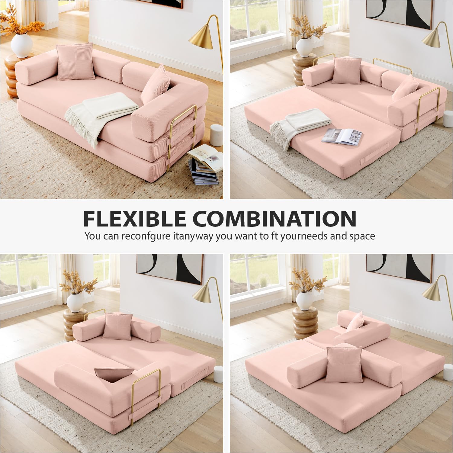 4-in-1 Folding Convertible Sofa Bed, 78 Inch Boneless Couch with Fixed-Shape Frame, Corduroy Loveseat Sleeper with Pull Out Bed, Floor Sofa Modular Futon Couch for Living Room Bedroom Lounge (Pink)