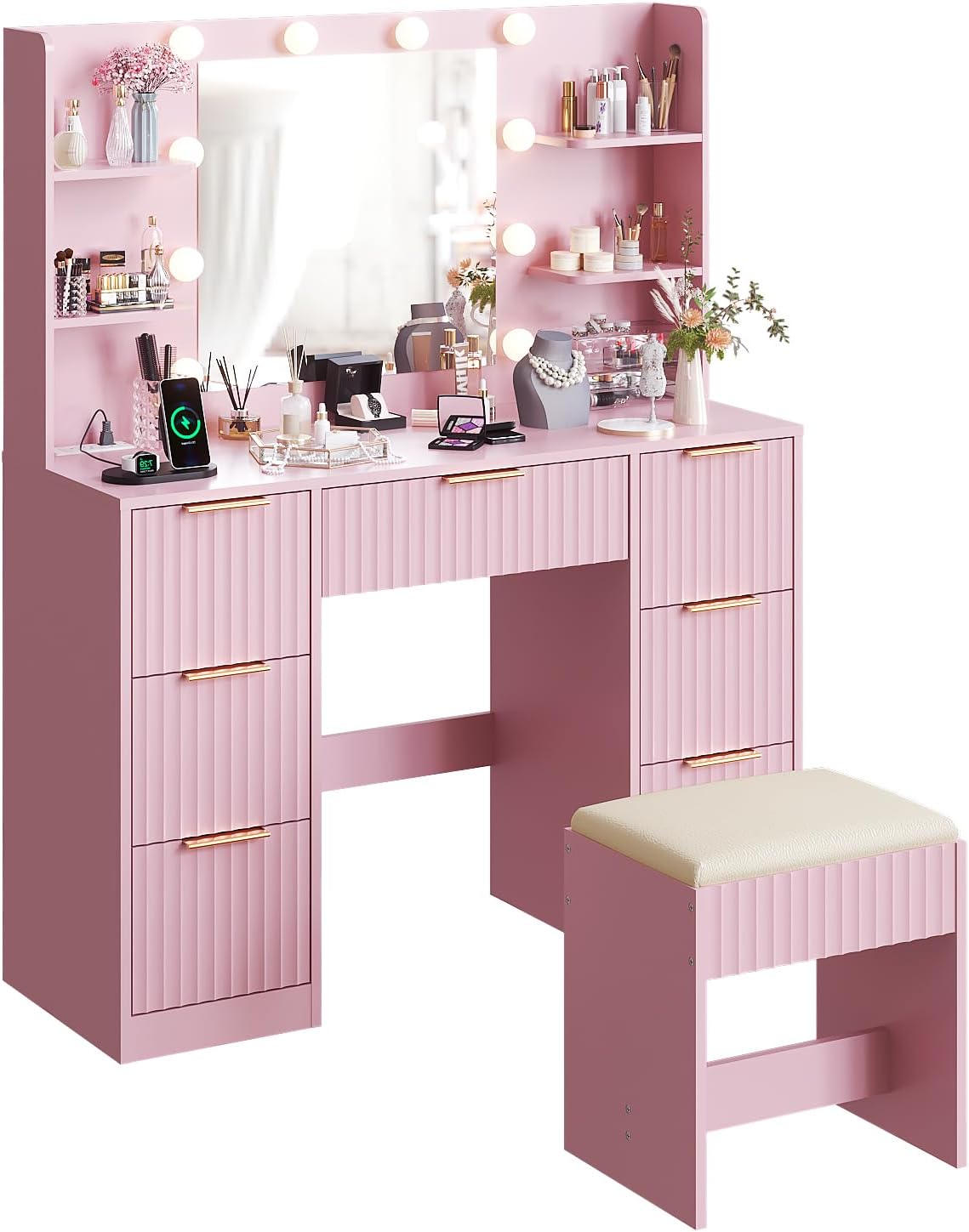 Karl home Fluted Vanity Desk with Mirror and Lights in 3 Modes and Charging Station, Makeup Vanity Table Set with 7 Drawers & Storage Shelves, Dressing Table with Chair for Bedroom, Pink