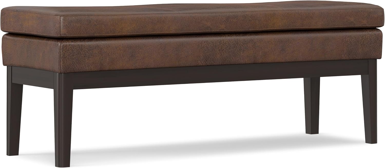 SIMPLIHOME Carlson Ottoman Bench - 45 inch Wide Upholstered Vegan Leather Rectangle Ottoman in Distressed Chestnut Brown, Mid Century Modern Bench for Bedroom or Living Room with Padded Seat